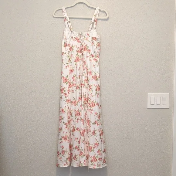 Parthea white pink floral sleeveless basque waist lace up thigh slit maxi dress - Picture 12 of 14